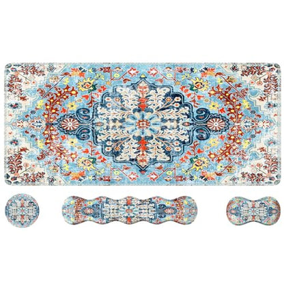 iLeadon Mouse Pad Set, 4in1 Large Gaming Desk Mat with Wrist Rest | Desk Mat with Wrist Rest, Keyboard Wrist Rest and Coaster, Mouse Pad Set for Home Office ,Retro Boho Floral Blue - color: Retro Boho Floral Blue