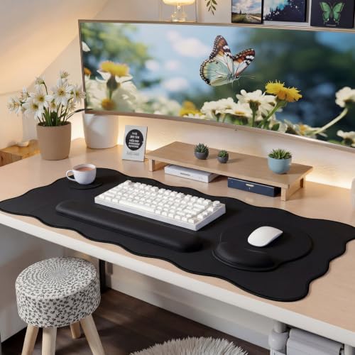 Sabary Scalloped Desk Mat Keyboard Mouse Pad Set 35.5 x 15.7 Inch Black Cute Aesthetic Preppy Table Mat Keyboard Wrist Rest Mouse Pad with Wrist Rest Coaster Ergonomic Non-Slip Waterproof Gaming Desk - color: Black, size: 35.5 x 15.7 Inch
