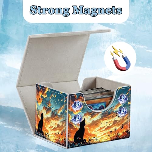 Commander Deck Box for Trading Cards - Fits 100+ Double Sleeved Cards, PU Leather MTG TCG Storage Case with Strong Magnetic Closure, Cat Watching Sky - color: Cat Watching Sky