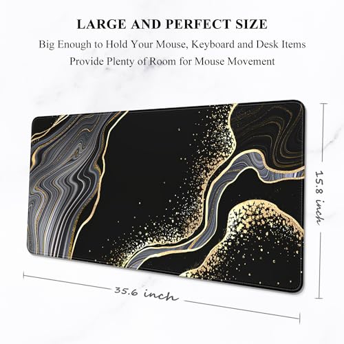 Auhoahsil Extended Mouse Pad, XXL Desk Pad Gaming Mousepad, Large Big Laptop Computer Keyboard Desk Mat with Non-Slip Base Stitched Edge for Gaming Office Men Women, 35.5 x 15.7 in, Black Marble - color: 05 Black Gold Marble, size: XXL - Extended size 35.