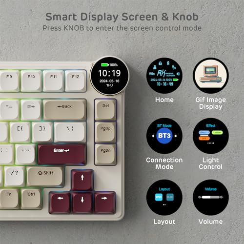 RK ROYAL KLUDGE N80 Low Profile Mechanical Keyboard w/Smart Display Screen & Knob, 75% Top Mount 3-Modes Wireless Mechanical Keyboard, Software Support, Massive Battery, 80 Keys, Quiet Red Switch - color: Dune Red, size: Low profile Red Switch