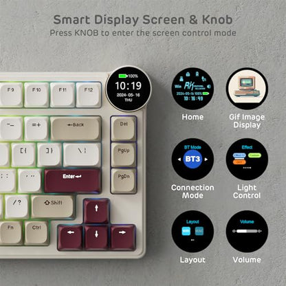 RK ROYAL KLUDGE N80 Low Profile Mechanical Keyboard w/Smart Display Screen & Knob, 75% Top Mount 3-Modes Wireless Mechanical Keyboard, Software Support, Massive Battery, 80 Keys, Quiet Red Switch - color: Dune Red, size: Low profile Red Switch