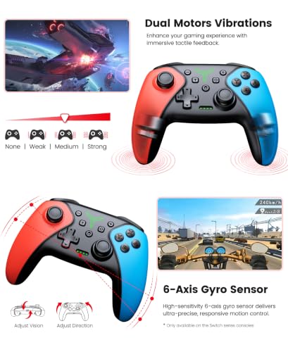 Switch Controller 2-Pack, Wireless Pro Controller for Switch2/Switch/Lite/OLED, Bluetooth Gamepad with Programmable Back Buttons, Turbo, Vibration, Gyro, Compatible with iOS/Android/PC, Includes 2 Stands - color: Red & Blue-2 pack