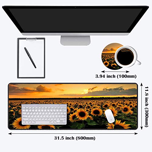 Desk Pad Mat Gaming Mouse Pads with Coasters Set, Stitched Edges Design Mouse Pad XXL Large Mouse Pad for Laptop Computers Sunflower Field Desk Writing Mat for Office & Home 31.5x 11.8 - color: Sunflower Field