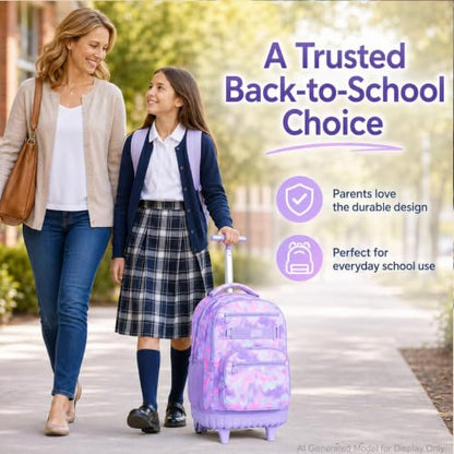 3Pcs Rolling Backpack for Girls Women, Travel Roller Backpacks with Wheels for Adults, Teens College Tie-Dye Wheeled Bookbag with Lunch Box(Purple) - color: Pink Purple