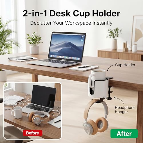 GUNKING Luxury 2-in-1 Anti-Spill Cup Holder with Under Desk Headphone Hanger (White) - color: WHITE