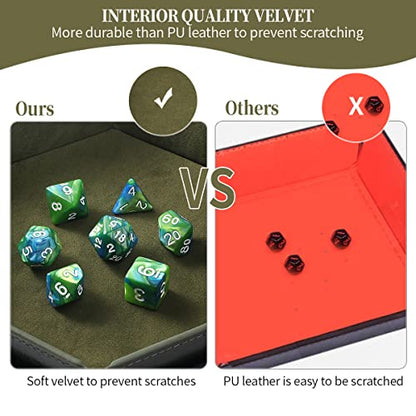 Grajar 2 Pcs Portable Folding Dice Rolling Tray Set for RPG DND Table Games - PU Leather and Velvet Holder Storage Box - RoyalBlue and Green - color: Royalblue and Green