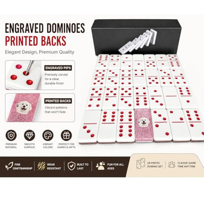 Premium Double 6 Dominoes Set 28 Tiles for Adults,Domino Board Games with Case for for Birthdays, Holidays and Special Occasions (Dominoes-Pink-Dog) - style: Dominoes-Pink-Dog