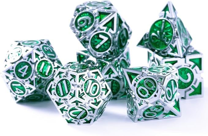 RULE DICE DND Metal Dice Set， D&D Dungeons and Dragons Dice, Cool Large Weighted 7 die Green Metal DND Dice Set, RPG MTG Role Playing Polyhedral Dice Set with D & D Gifts Box, D and D Dice Set - color: Silver-green