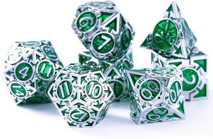 RULE DICE DND Metal Dice Set， D&D Dungeons and Dragons Dice, Cool Large Weighted 7 die Green Metal DND Dice Set, RPG MTG Role Playing Polyhedral Dice Set with D & D Gifts Box, D and D Dice Set - color: Silver-green