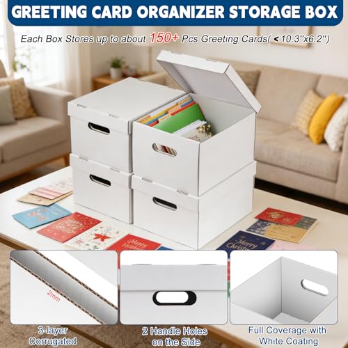 4Pack Greeting Card Storage Box, Greeting Card Organizer Box with 20 Dividers Holds 600 Cards+, Large Capacity Greeting Card Holder with 4 Sticker Labels White Card Box for Postcards, Photos, Envelope - style: 4Pack