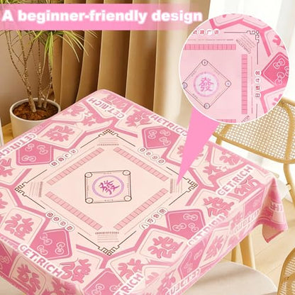 Mahjong Tablecloth Florals Card Table Cloth 55x 55 Inch Square Tablecloth Game Table Cover with Game Rules for Mahjong Beginners, Card, Board Tile Games (Pink)