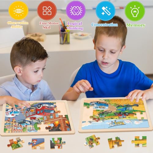 Wooden Puzzles for Kids Ages 4-6, 4 Pack with 24 Pieces Jigsaw Puzzles Preschool Educational Toys Gifts for Children Ages 3-5, Kids Toys Gifts for 4+ Year Olds Boys Girls - color: Vehicle Farm Airplane Boat