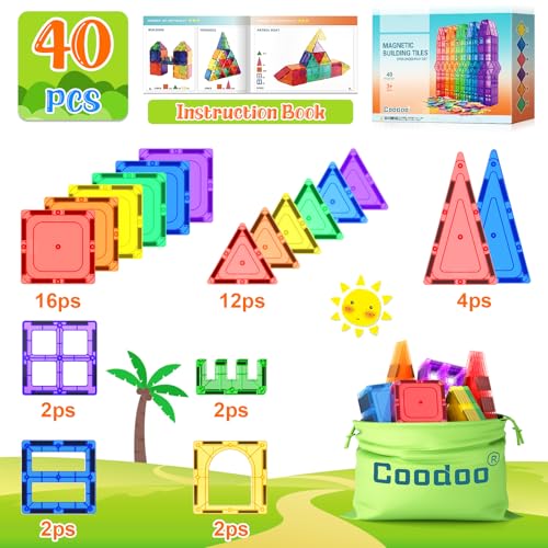 Coodoo Magnetic Tiles Kids Toys STEM Magnet Toy for Toddler Magnetic Blocks Building Preschool Learning Sensory Montessori Toys for 3+ Year Old Boys and Girls, Safe Creativity Toddler Kids Toy 40PCS