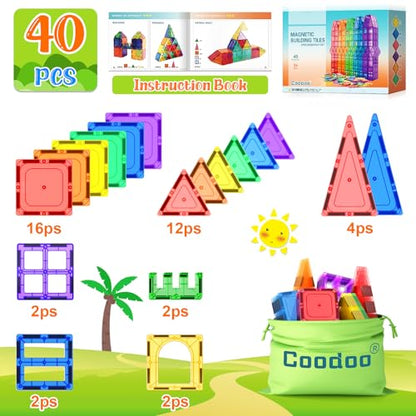 Coodoo Magnetic Tiles Kids Toys STEM Magnet Toy for Toddler Magnetic Blocks Building Preschool Learning Sensory Montessori Toys for 3+ Year Old Boys and Girls, Safe Creativity Toddler Kids Toy 40PCS