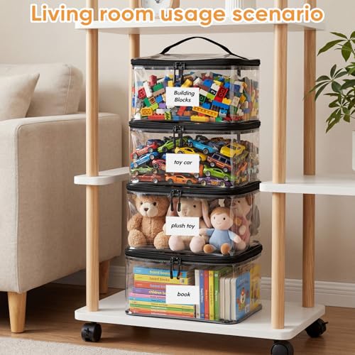 Clear Toy Storage Bags, 10-Pack PVC Organizer Bags with Labels | Reusable PVC bags with zipper, label and manual pockets for blocks, board games, puzzles, books, classrooms and travel