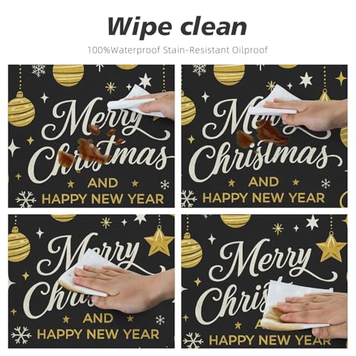 Famame Gold Christmas Ball Stars Round Fitted Tablecloth with Elastic Protector Table Kitchen Dinner Waterproof Oil-Proof Table Covers Fits 40"-44", Small - color: Gold Christmas Ball Stars, size: Small (40"-44")