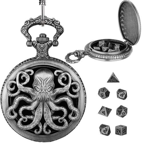 GEAoffice DND Dice Set with Vintage Cthulhu Pocket Watch Case, Solid Metal Tiny Dice for Tabletop Role Playing Games, Fantasy RPG Gaming & Math Games, Unique DND Gift for Men/Women - color: Antique Silver Cthulhu