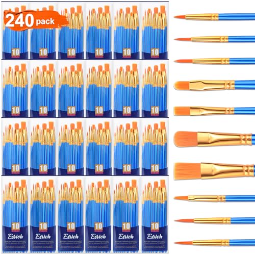 ESRICH Acrylic Paint Brush Set, 24Pack/240Pcs Paint Brushes, Nylon Brush Head for Oil Paint Brush Supplies, Kid Adult Watercolor Painting Arts and Craft Paint Brush Kit (Blue) - color: Blue, size: 240