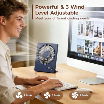 Zuvas Desk Fan Small Rechargeable Battery Table Fans for travel Ultra Quiet | 180° Tilt Folding, LED Dislay, Portable Fan Slim Design, 3 Speed Adjustable, for Office Bedroom Desktop, Cruise Essentials - color: Navy Blue