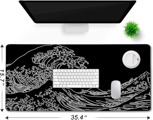 Large Gaming Mouse Pad, Waterproof Extra Large Big Mouse Pad with Stitched Edge, XXXL Non-Slip Black Computer Long Mousepad for Gamer, Office & Home, Wave Lines - color: Sea Wave, size: 35.4L x 15.7W inches