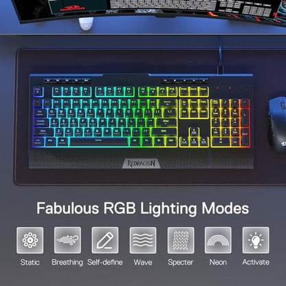 Redragon K525 RGB Backlit 104 Keys Wired Membrane Gaming Keyboard w/ 5 Multimedia Keys & 4 Extra On-Board Macro Keys, Dedicated Media Control, Ergonomic Wrist Rest, Linear Mechanical-Feel Switch - color: Black, size: 104 Keys Lite