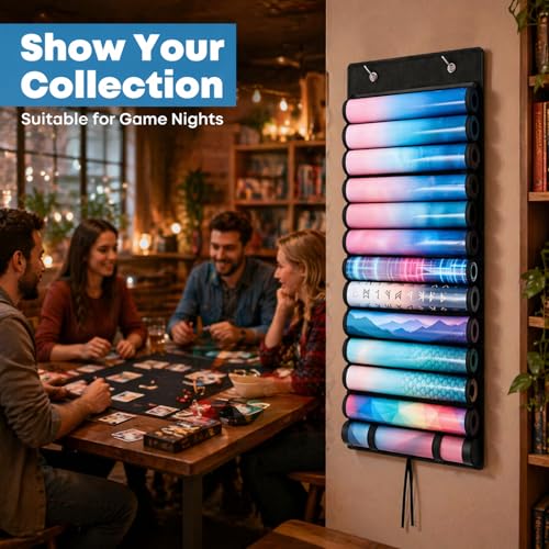 Playmat Tube Storage Bag, 12+1 Hanging Playmat Organizer for MTG/TCG Playmats, Oxford Cloth Holder with Clear PVC Windows, Roll-Up Compact Design, Includes 2 Metal Door Hooks