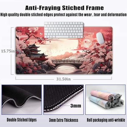 Pink Full Moon Desk Mat Japanese Sakura Blossom Large Mouse Pad Extended Japan Aesthetic Gaming Mousepad XXL Keyboard Pad Mouse Mat 31.5''X15.7'' Desk Pad Office Decor - color: Pink Full Moon