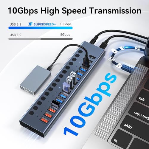 VANGREE Powered USB Hub 10Gbps, 17 Ports USB 3.2 Hub, 96W Power Adapter | 10 USB-A 3.2, 3 QC 24W Fast Charging, 2 USB-C 3.2, SD/TF, 12V/8A Power Adapter for Laptop, PC, Computer, HDD, Flash Drive - color: Gray