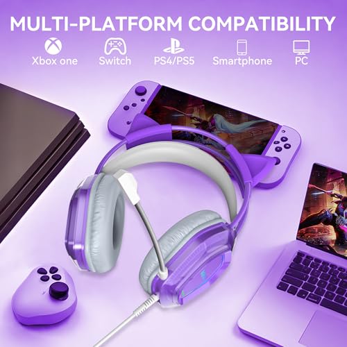 Wantek Cute Cat-Ear Gaming Headset - 50mm Drivers, Noise-Cancelling Mic, 3.5mm Wired Stylish & Lightweight Design (Purple) - color: Purple