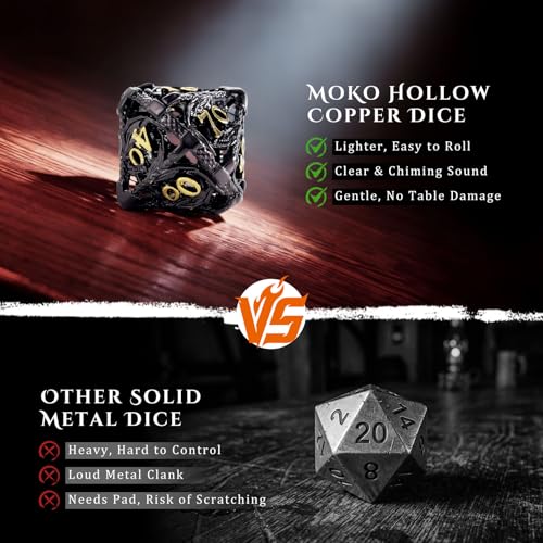 MoKo Dragon Hollow Metal DND Dice Set, Black+Gold | 7 Pcs Polyhedral, D20 D12 D10 D8 D6 D4, For Dungeons and Dragons RPG Games, With Gift Box - color: 4 - Black+gold