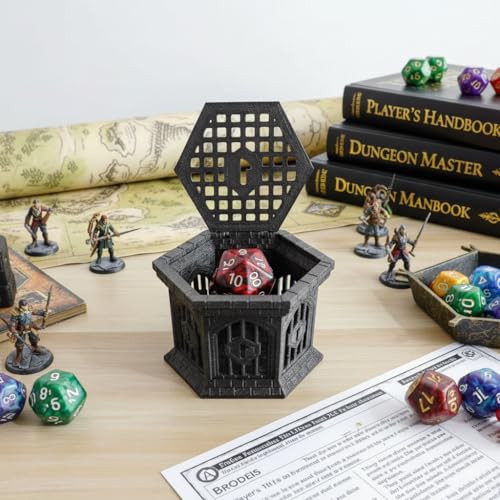 Dice Jail with Secure Clip-On Lid - Fun Dungeon Cage Prison for Tabletop RPG Polyhedral Dice Games (Includes Free 7-Piece Polyhedral Dice Set) (Marble) - color: Marble Color