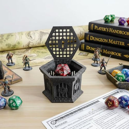 Dice Jail with Secure Clip-On Lid - Fun Dungeon Cage Prison for Tabletop RPG Polyhedral Dice Games (Includes Free 7-Piece Polyhedral Dice Set) (Copper red) - color: Copper Red