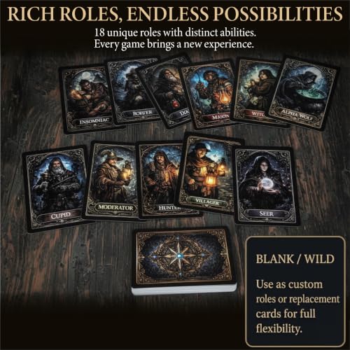KAIU Werewolf Card Game, Social Deduction Party Game with 18 Unique Roles, Gothic Artwork 52 Role Cards & 3 Description Cards for Large Groups Family Game Night, 7-16+ Players