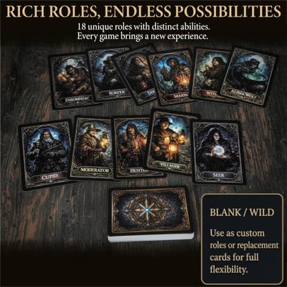 KAIU Werewolf Card Game, Social Deduction Party Game with 18 Unique Roles, Gothic Artwork 52 Role Cards & 3 Description Cards for Large Groups Family Game Night, 7-16+ Players