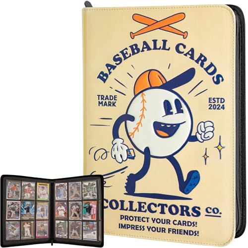 Baseball Card Binder - 9 Pocket Album w Zipper - 360 Side Loading Sleeves Book for Baseball Trading Cards - 3D PU Leather with Vintage Design - Works with Topps, Bowman, Panini... - color: Retro Design