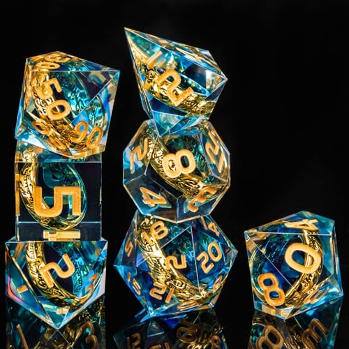 OUKELANWO Magic Lord Rings DND Dice Set with Box, 7Pcs Resin LOTR D&D Dice Set for Role Playing Game, Blue Gold Dungeons Dragons D and D Sharp Edge Dice D20 D12 D10 D8 D6 D4 - color: Blue
