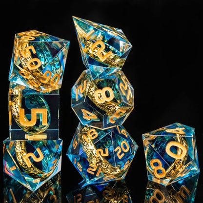 OUKELANWO Magic Lord Rings DND Dice Set with Box, 7Pcs Resin LOTR D&D Dice Set for Role Playing Game, Blue Gold Dungeons Dragons D and D Sharp Edge Dice D20 D12 D10 D8 D6 D4 - color: Blue