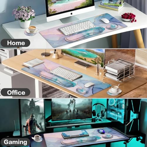 Large Mouse Pad with Wrist Rest, 4-in-1 Wrist Rest for Keyboard and Mouse | Non-Slip Waterproof Desk Mat Set, 35.4"x15.7" Desk Mat+Keyboard Wrist Rest+Mouse Wrist Support+Cup Coaster for Home Office - color: Green Marble-35.4''x15.7''