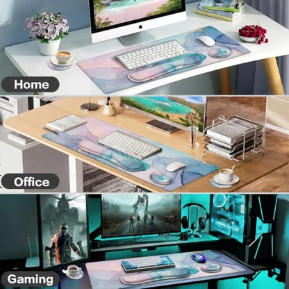 Large Mouse Pad with Wrist Rest, 4-in-1 Wrist Rest for Keyboard and Mouse | Non-Slip Waterproof Desk Mat Set, 35.4"x15.7" Desk Mat+Keyboard Wrist Rest+Mouse Wrist Support+Cup Coaster for Home Office - color: Green Marble-35.4''x15.7''