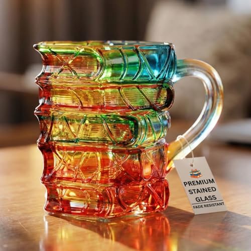 Stained Glass Book Mug – 3D Stacked Books Coffee Mug Gift for Book Lovers – Solid Colored Glass Cup (Not Painted) – Vintage Library Aesthetic Tea Cup for Readers, Writers, and Librarians – 7oz - style: 3d Stacked Books