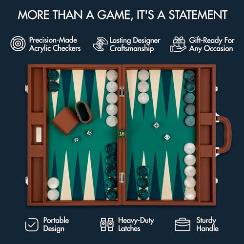 Pointworks 19 Inch Premium Backgammon Sets for Adults Leather Brown - Green. Premium 1.6 Inch Checkers & Dice Set, Travel Backgammon Set, Large, Backgammon Board Game, Backgammon Game Set - color: Brown Case - Green Field