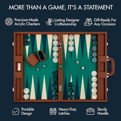 Pointworks 19 Inch Premium Backgammon Sets for Adults Leather Brown - Green. Premium 1.6 Inch Checkers & Dice Set, Travel Backgammon Set, Large, Backgammon Board Game, Backgammon Game Set - color: Brown Case - Green Field
