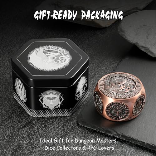 DNDND Copper 8-in-1 Spinner Dice with Dual D20 - Monster Themed Hexagonal Metal Dice for Dungeons and Dragons D&D, TTRPG with Collectible Gift Tin - color: Copper