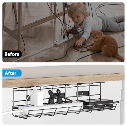 2 Pack DELAMU Under Desk Cable Management Tray, Metal Cord Cable Organizer for Desk, Easy Install Pre-drilled Wire Management Wire Organizer for Office & Home