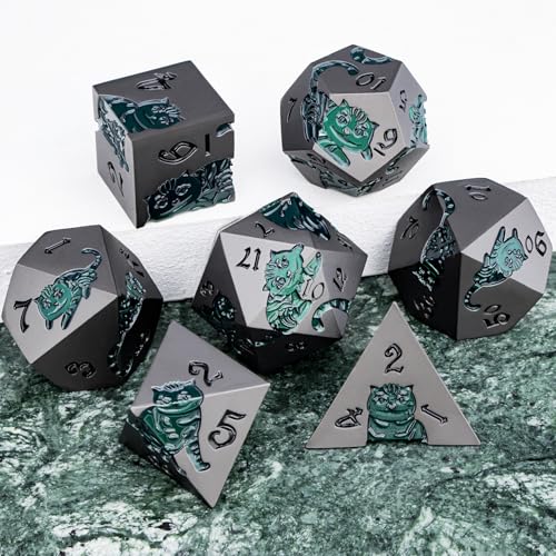 Metal DND Cat Dice 7PCS Polyhedral RPG Dice Set with Gift Case for Dungeons Dragons Role Playing Game, D and D Dice D6 D8 D10 D12 D20 D% (Grey Green) - color: Cat-grey Green