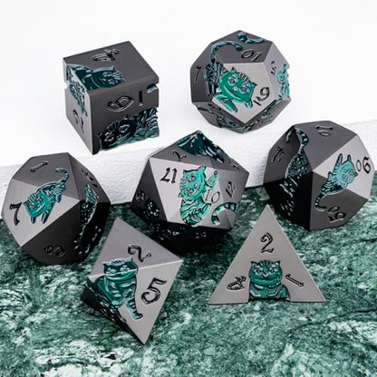 Metal DND Cat Dice 7PCS Polyhedral RPG Dice Set with Gift Case for Dungeons Dragons Role Playing Game, D and D Dice D6 D8 D10 D12 D20 D% (Grey Green) - color: Cat-grey Green