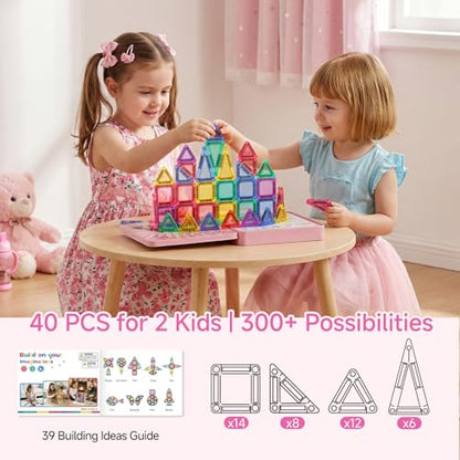 Mini Magnetic Tiles for Girls Travel: 60 PCS Pink Magnet Building Blocks in Tin Box to Stop Crying - 60 Mins Quiet Play 30s Cleanup Toy - Car Airplane Essentials Ages 3-8 - style: Pink 60PCS
