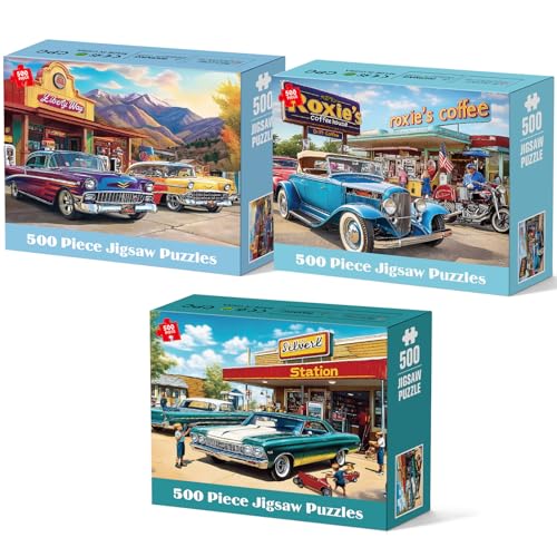 3 Pack 500 Pieces Jigsaw Puzzles, Retro 500 Piece Puzzles for Adults, Car Recycled Cardboard Puzzle for Seniors Teens, Interlock Perfectly Letter on Back, Home Decor Birthday Gift, 20.5 x 15 in - color: Car