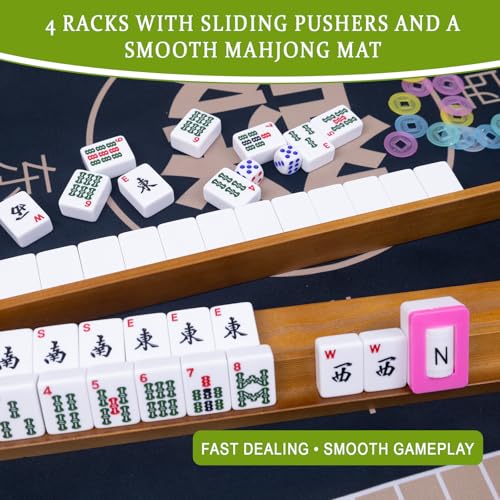 1 American Mahjong Set,Complete Game Kit, 166 Tiles Mahjong Tile Set with Wooden Pushers Racks, Carrying Bag, Mahjong Mat, Score Cards, Chips, Dice & Accessories Mahjong Set